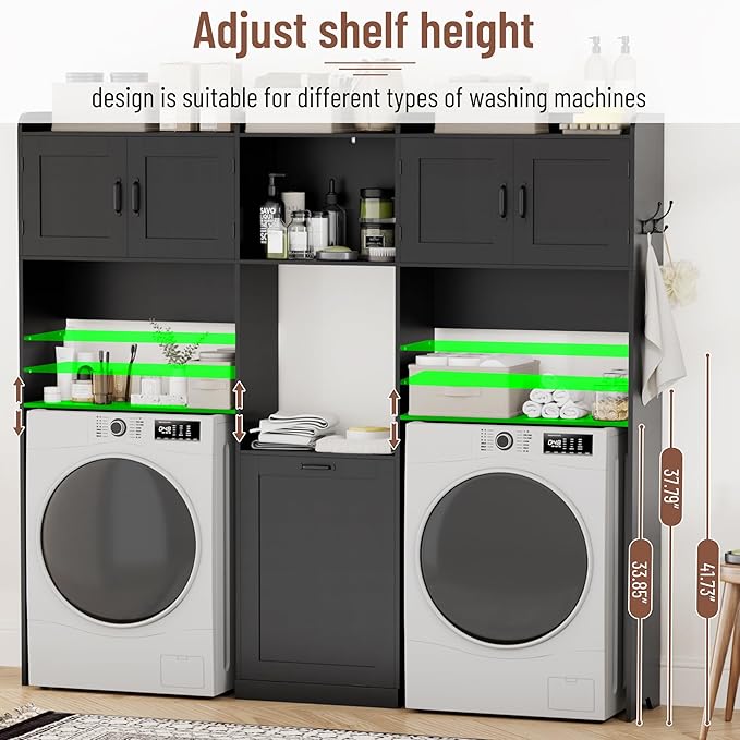 Over The Washer and Dryer Storage Cabinet, Laundry Room Organizer Standing Shelf with Tilt-Out Laundry Hamper Cabinet and Hooks, Space Saving Laundry Room Cabinets