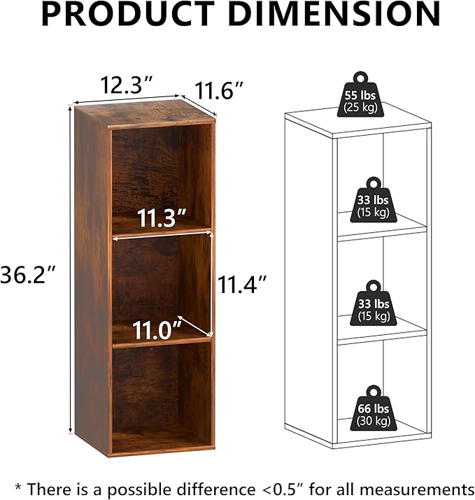 3 Cube Storage Organizer, 3 Tier Cube Low Bookcase Freestanding Storage Display Organizer for Home Office, Three-Cubes Open Shelf Short Bookshelf (Retro Brown, 3 Cube)