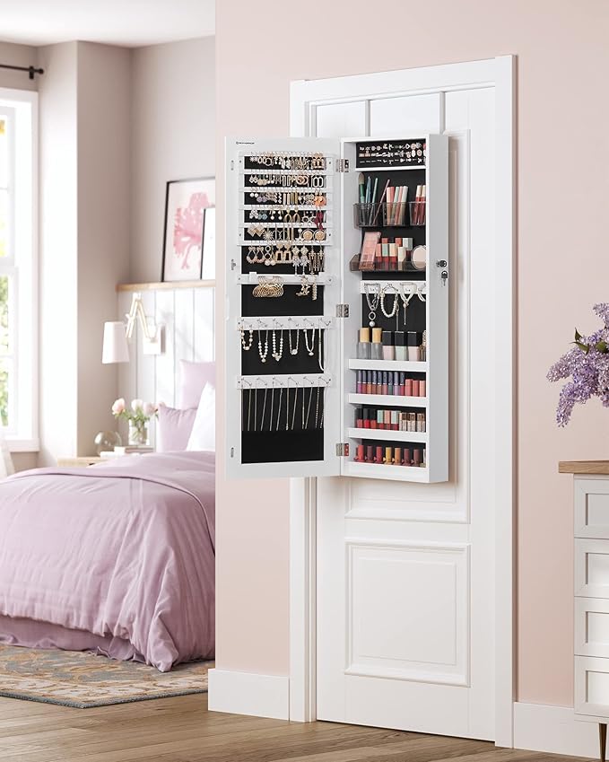 SONGMICS Jewelry Cabinet Armoire, Lockable Wall-Mounted Organizer Unit with 2 Plastic Cosmetic Storage Trays, Full-Length Frameless Mirror, Christmas Gift, White UJJC001W01