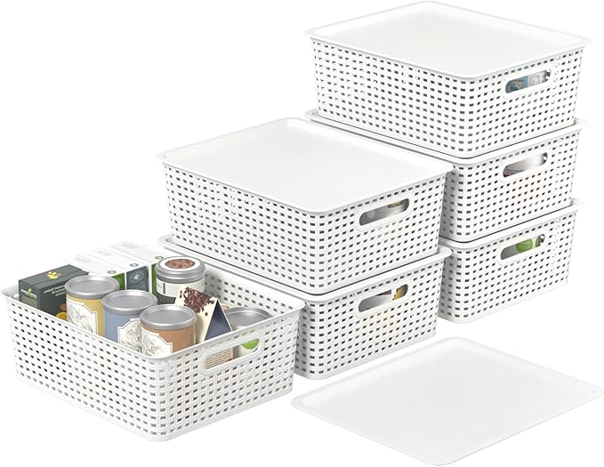 6 Pack Stackable Lidded Storage Baskets, Plastic Woven Baskets for Organizing, White