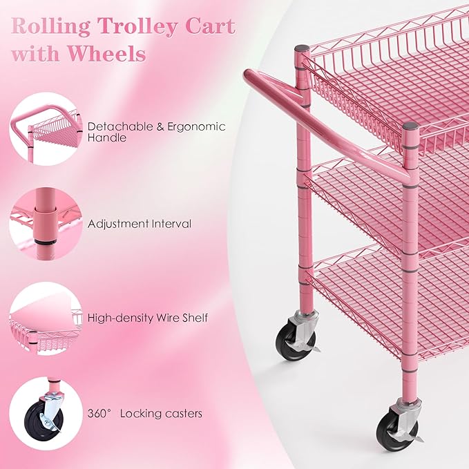 NTE Utility Cart with Wheels, 990lbs Capacity Metal 3 Tier Rolling Carts, NSF Kitchen Carts On Wheels with Storage, Heavy Duty Utility Cart with Handle & Wire Shelf for Indoor & Outdoor Use, Pink