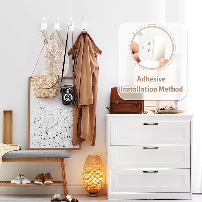 VIS'V 3 Prong Coat Hooks Wall Mount, Metal Self Adhesive Entryway Wall Hooks, 2 Mount Options, White, 4 Pcs