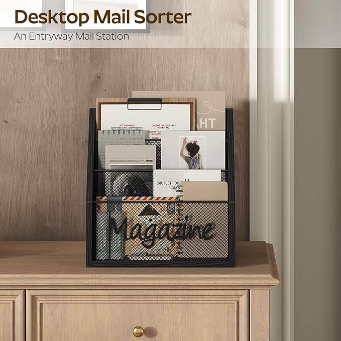 Magazine Holder, Wood Magazine Rack Floor, Mail Organizer Countertop, Magazine Mail Holder Sorter, Record Holder for Magazines, Books, Newspapers, Tablets, Black MR02BB