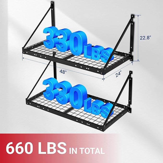 FLEXIMOUNTS 4-Pack 2x4ft Garage Wall Shelving - Heavy Duty Garage Storage System, 1320lbs Load Capacity with Brace Guardrail, Organization for Tools, Bins, Sports Equipment, Utility Room, Pro Series
