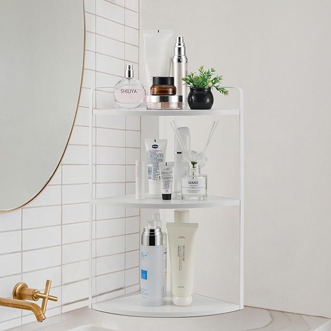 3 Tier Corner Bathroom Counter Organizer, Countertop Organizer, Vanity Organizers, Bathroom Storage Sink Shelf, Wooden and Metal Counter Shelf, Corner Counter (White)