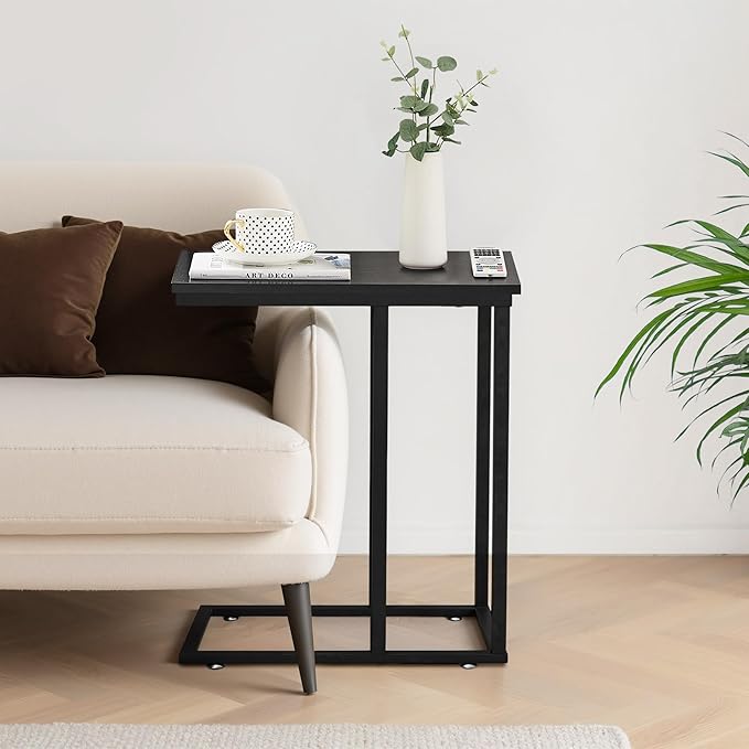 VECELO C Shaped End Side Table for Sofa Couch and Bed Snack TV Tray for Living Room Bedroom, 1 PCS,Black