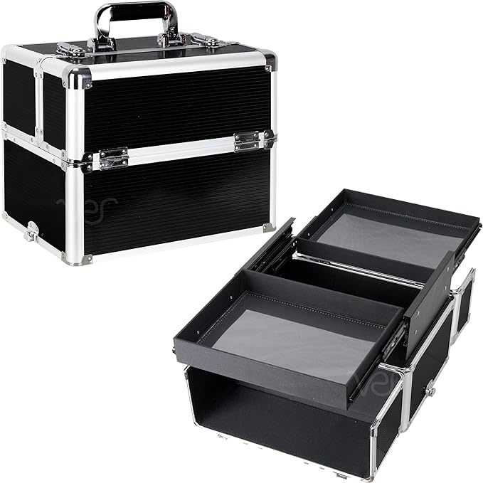 Ver Beauty Makeup Organizer, Cosmetic Travel Kit, Makeup Artist Supplies, 2 Sliding Trays, Lockable Storage Box, Makeup Train Case, Aluminium Case, Lightweight Makeup Vanity (Black Stripes)