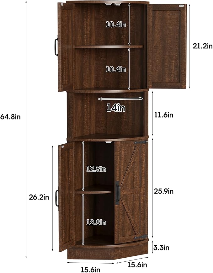 Vabches 64.8" Tall Farmhouse Corner Cabinet with 4 Doors and 5 Storage Shelves, Farmhouse Storage Cabinet with Barn Door Design, Home Space Saver for Living Room, Kitchen, Laundry Room,Brown