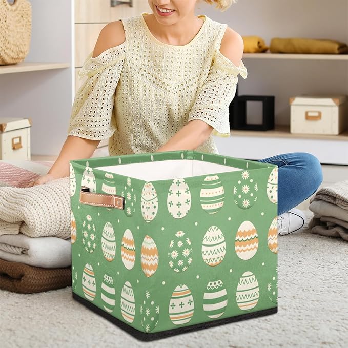 TropicalLife 13x13x13 Inch Large Fabric Storage Cube Easter Sage Green Foldable Storage Bin with Handles Organizer Boxes Cube Basket for Shelves Organizing Closet