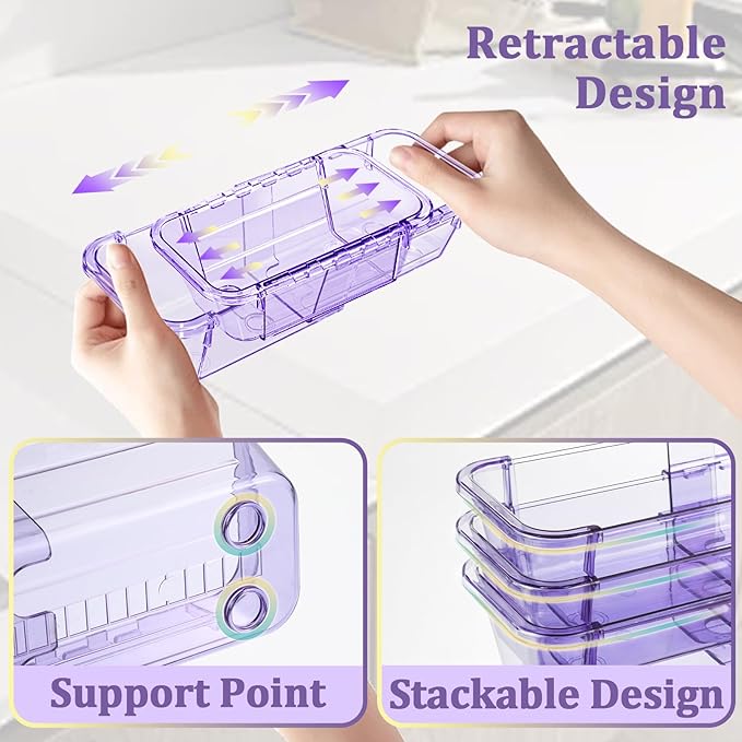 14 Pcs Adjustable Clear Drawer Organizer, Extendable Vanity Storage Bins, Desk Drawer Organizer Set for Makeup, Cosmetics, Bedroom, and Gadgets, Purple