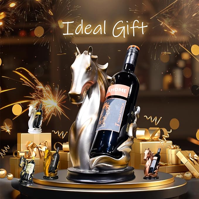 Wine Bottle Holder Wine Racks Tabletop Horse Statue as Home Kitchen Wine Cellar Decorative Storage Organizer, Horse Sculpture Horse Decor Horse Gifts for Girls Men Women (Silver)