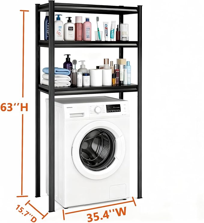 Height-Adjustable Bathroom & Laundry Storage Shelf, 3-Tier Metal Organizer Rack for Washer Dryer, Sturdy Shelving Unit for Bathroom Essentials, 63 x 35.4 x 15.7 Inches