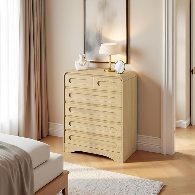 Tall Dressers for Bedroom, 6 Drawers Dresser & Chest of Drawers with Pre-Installed Slides&Curved Profile Design, Modern Closet Storage Wood Dressers Organizer for Living Room Hallway, Oak