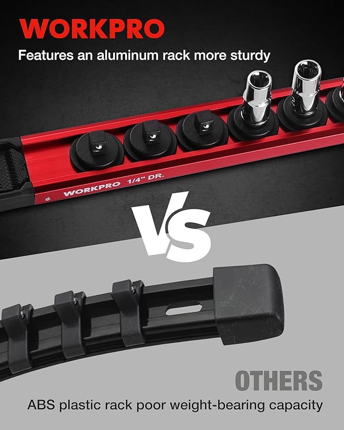 WORKPRO Magnetic Socket Organizer Set, 1/2" 3/8" 1/4" Drive Aluminum Alloy Socket Holder, 3PC Socket Rail with Removable Socket Clips, Socket Organizer Tray for Tool Box Drawer (Sockets Not Included)