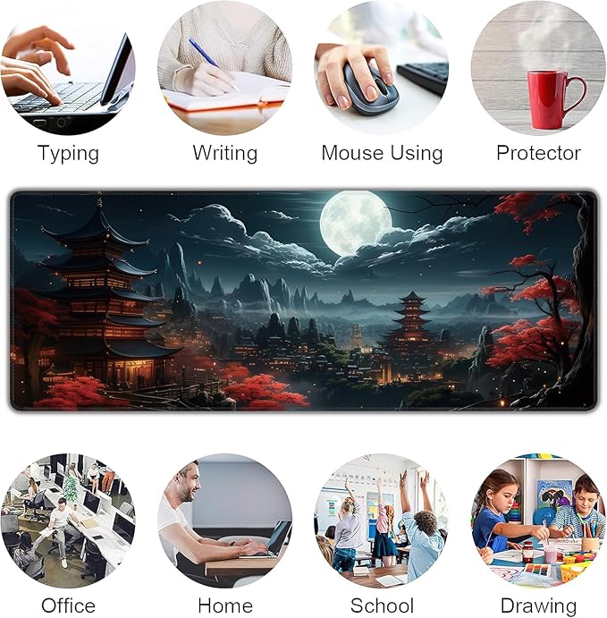 Japanese Full Moon Large Mouse Pad,Gaming Keyboard Desk Pad,Extended Mouse Mat Non-Slip Rubber Base with Stitched Edges for Office Game Home XL 31.5"x11.8"