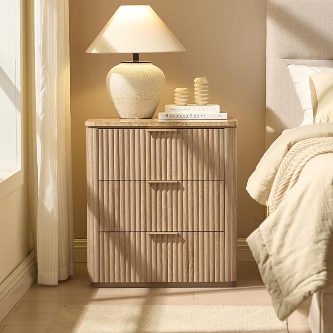 Fluted Nightstand with 3 Drawers, Engineered Wood Bedside Table with Faux Marble-Top, Modern End Table with Curved Corners, Metal Handle, Large Night Stand for Bedroom, Office, Closet, Natural Oak