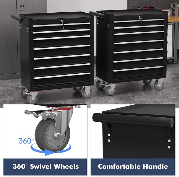 7-Drawer Tool Chest,Rolling Tool Cart with Wheels,High Capacity Tool Cabinet with Locking System for Garage, Warehouse, Workshop-Black