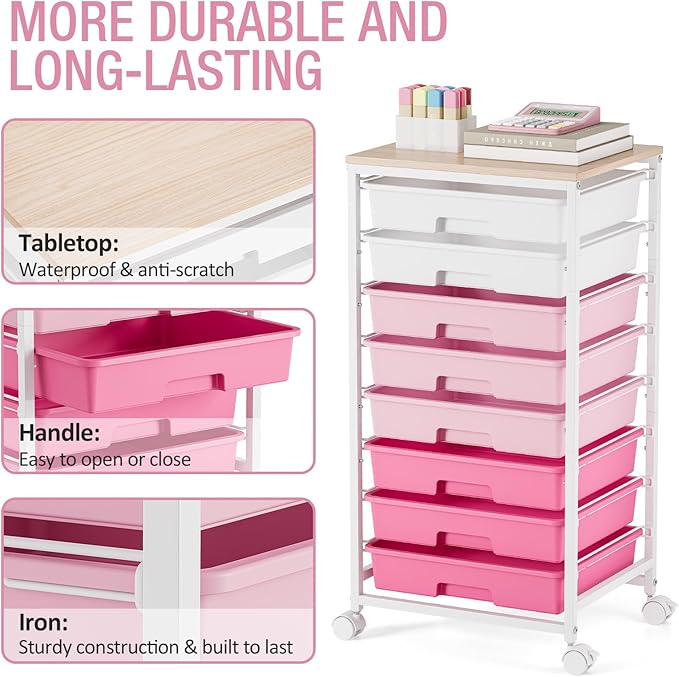 Rolling Cart with Drawers, Pink Cart with 8 Plastic Drawer Storage and Wooden Tabletop, Craft Storage, Teacher Cart, Storage Cart on Wheels, Rose Pink