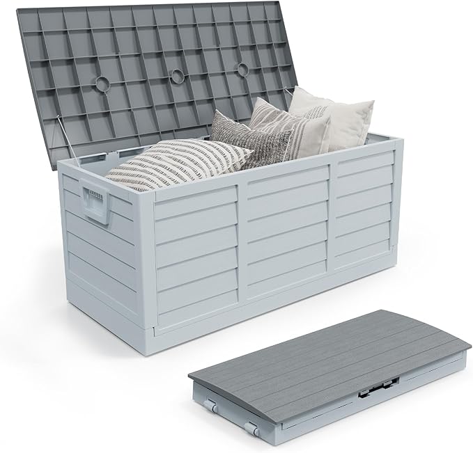 Foldable 75 Gallon Outdoor Storage Box, Plastic Storage Containers with Lid, Patio Deck Box Furniture for Garden, Pool, Balcony, Yard (Gray Lid)