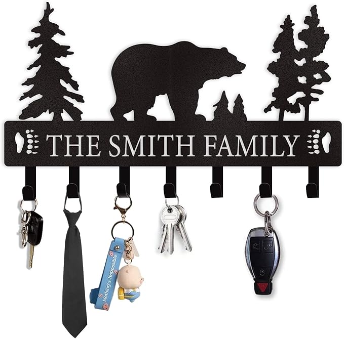 Personalized Key Holder for Wall, Custom Metal Black Bear Coat Hook Key Holder with Name, Metal Key Rack Hanger Organizer for Entryway, Front Door, Hallway, Kitchen, Office Decor