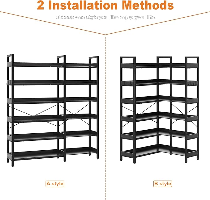 KOUSEI 6-Tier Corner Bookshelf, Reversible L-Shaped Bookcase with 4 Hooks, 69" Industrial Wood & Metal Storage Shelf for Living Room, Home Office & Bedroom, Black