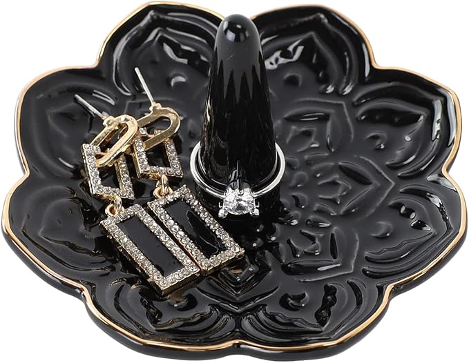 Ceramic Black Mandala Jewelry Holder Decorative Ring Holder/Trinket Tray Birthday Valentine Engagement Wedding Gifts for Women Her