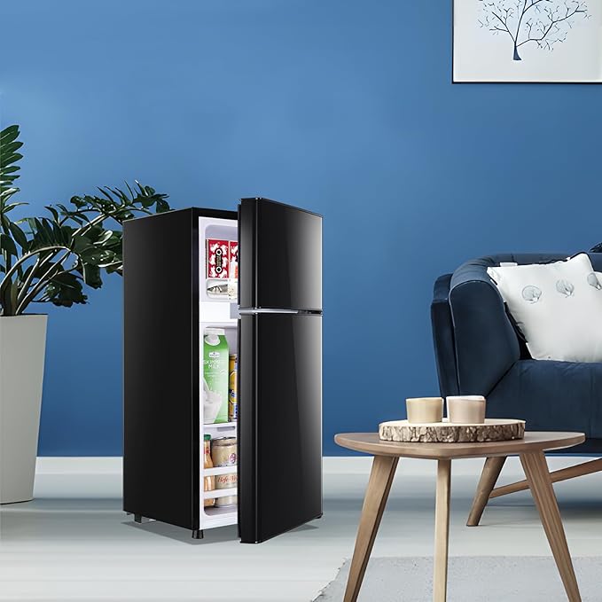 Tniy Personal Capacity Black Refrigerator with Freezer Double Door Mini Fridge Small Apartment Refrigerator with 7 Adjustable Temp Control