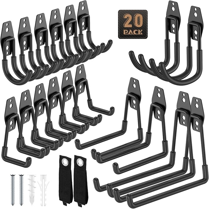 20 Pack Utility Steel Heavy Duty Wall Mount Garage Hooks,with Anti-Slip Coating,for Hanging Bikes,Ladder,Ropes,Bulk Items,Power,Yard and Garden Tools