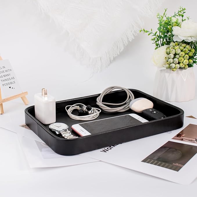 SANQIANWAN Faux Leather Valet Tray for Men Nightstand Bedside Entry Table Tray Catchall Tray for Keys,Wallet,Phone,Watch,Jelwery and Coin Gift for Dad Husband Boyfriend Uncle (Black)