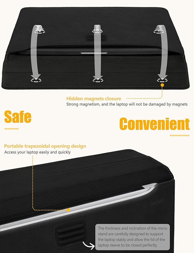 HYZUO 15-16 Inch Laptop Sleeve Case with Stand for MacBook Pro 16 M4/M3/M2/M1 2025-2019, MacBook Pro 15 2015-2012, XPS 15, Samsung Galaxy Book Flex/Pro 15, Black