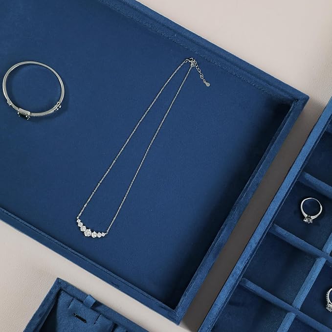Velvet Stackable Jewelry Display Flat Tray For Ring Earring Necklace Bracelet, Bangle Pendant Storage Blank Plate, Shop Countertop Jewelry Dish Organizer (Blue)
