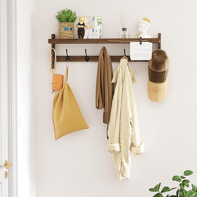 AMBIRD Wall Hooks with Shelf 28.9inch Entryway Wall Hanging Shelf, Wood Coat Hooks, Coat Rack Wall Mount Rack with 5 Dual Hooks, Glasses Organizer and Hat Organizer