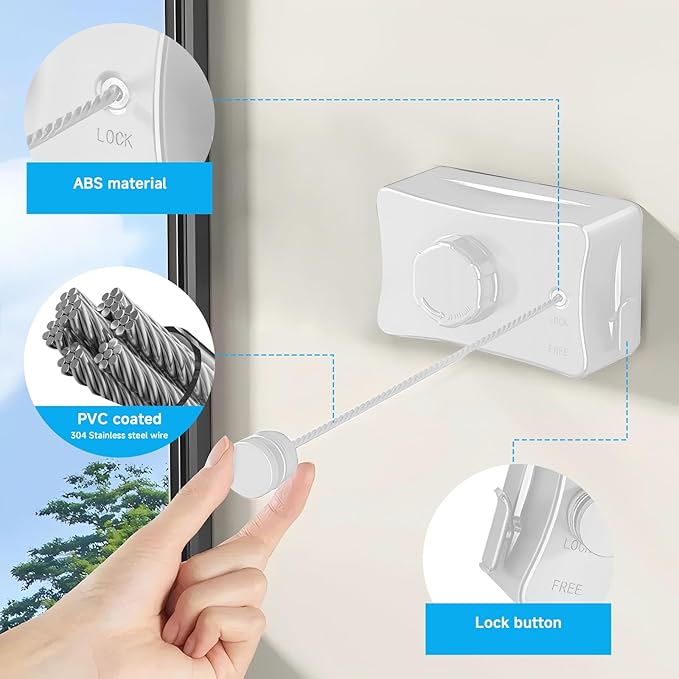 Retractable Outdoor Clothes Line,Heavy Duty Clothes Drying Laundry Line Wall Mounted Stainless Steel Line-16.7 Feets-White