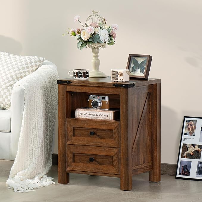 Nightstand with Charging Station and USB Port, Farmhouse Side End Table with 2 Drawers and Open Shelf, Wood Rustic Sofa Table, Bedside Cabinet for Bedroom, Living Room, Closet, Office(Brown)