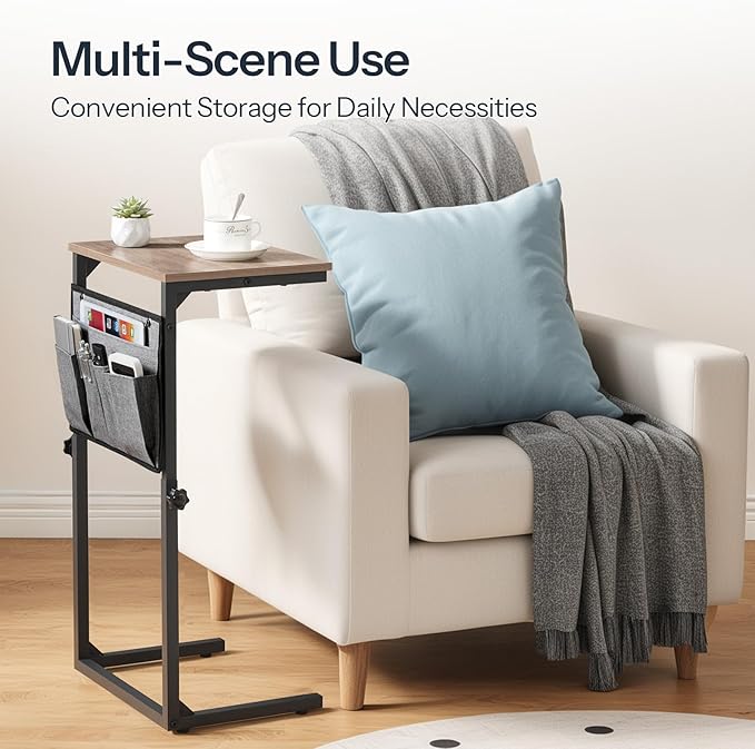 HOOBRO C Shaped End Table, 29.5’’ Adjustable Height Side Table with Storage Pockets, Couch Table Slide Under for Sofa, Small Space, for Living Room, Bedroom, Greige and Black BG77SF01
