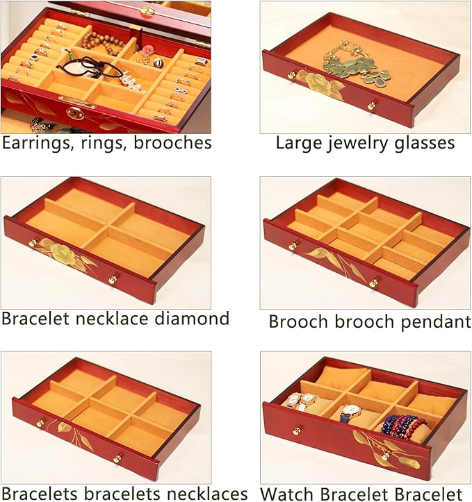 Hand-drawn rose wood jewelry box 6-Layer Jewelry Organizer for women,Large capacity jewelry storage box with lock in red color,store glasses,watches,necklaces,rings,earrings
