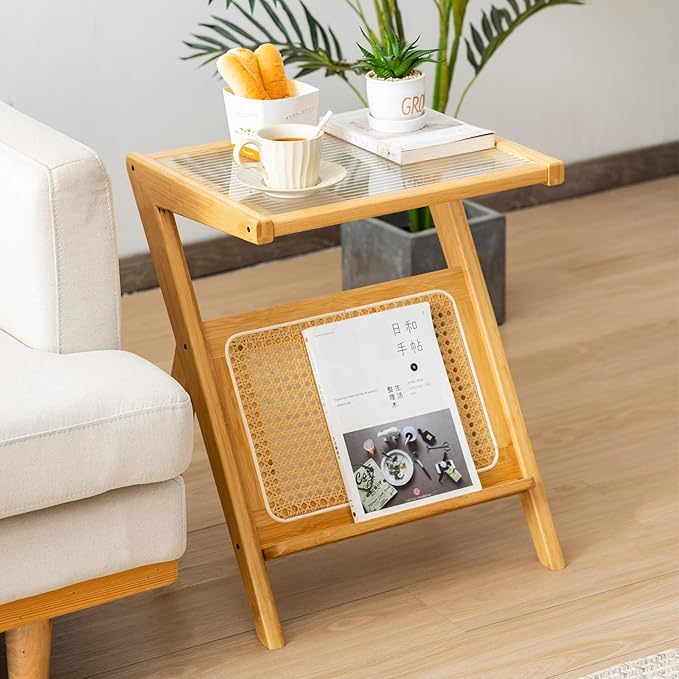 Giantex Rattan Side Table, Boho Nightstand with Glass Top & Magazine Rack, End Table with Storage, Bamboo Bedside Table for Small Space Living Room Bedroom (Natural,1)