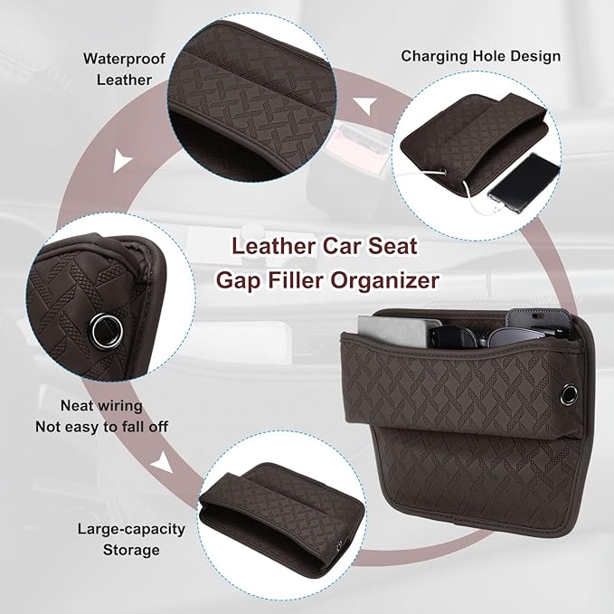 HARFINGTON 2pcs Car Seat Gap Filler Organizer 11.5 x 8 x 2.1 Inch Leather Universal Car Organizer Storage Box Between Seat and Console for Phone Sunglasses Keys, Coffee