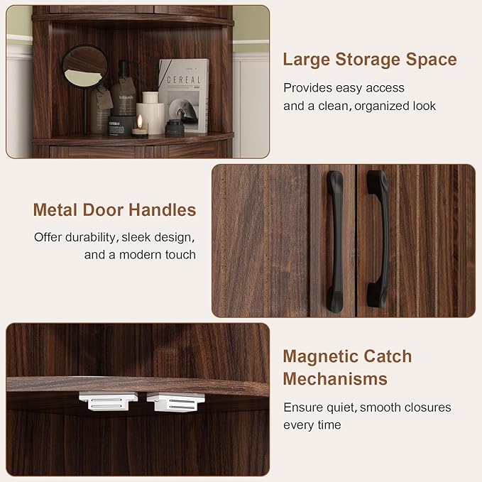 Tall Corner Cabinet, 64.7" Corner Storage Cabinet with 4 Doors and 5 Storage Shelves, Farmhouse Space Saver with Arched Door Design for Living Room, Kitchen, Bathroom, Office
