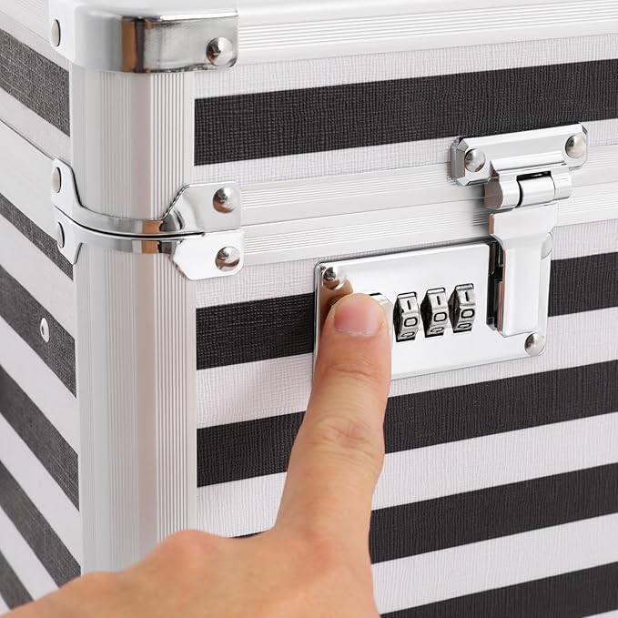 Rolling Cart for Teachers, Rolling File Cart with Hanging Folders, Portable File Box with Handle, Aluminum Alloy, Passcode Lock, Striped Pattern