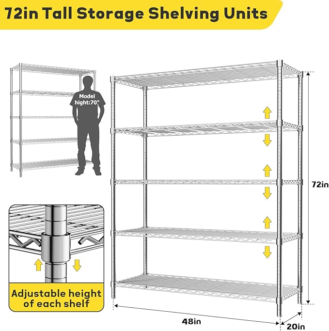 Storage Shelves, 3 PCS 48" L x 20" W x 72" H Heavy Duty Garage Wire Shelving Unit Loads 2000LBS, 5-Tier Adjustable Metal Industrial Utility Shelf Rack for Kitchen, Laundry Room, Basement