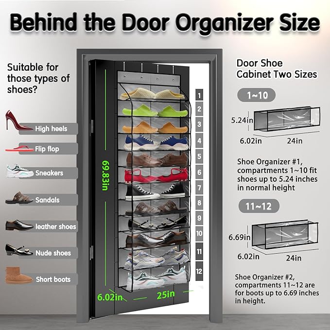 Over The Door Shoe Organizer with 12 Large Breathable Pockets - Sturdy Hanging Storage for Shoes of All Ages - Gray