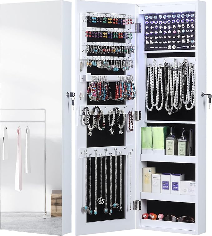 GISSAR Full Length Mirror Jewelry Cabinet, 6 LEDs Jewelry Armoire Wall Mounted Over The Door Hanging, Jewelry Organizer Display Storage Furniture with Lights Locker Mirrored Cabinet, 39.4" H, White