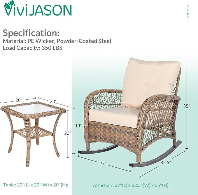 VIVIJASON 3-Piece Outdoor Conversation Bistro Set, Patio Wicker Rocking Chairs Rattan Furniture Sets w/ 2 Rattan Chairs, Cushions, Glass Top Side Table for Garden Porch Backyard