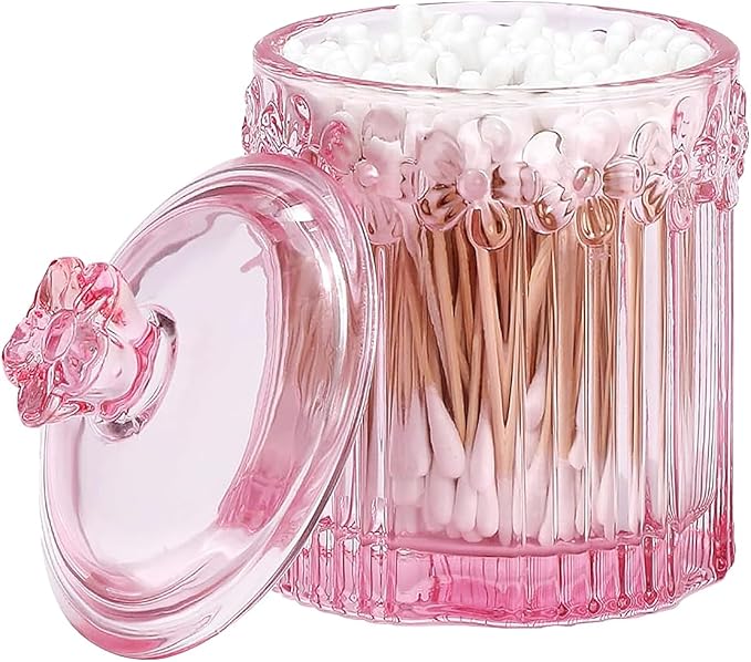 Pink Qtip Cotton Ball Hair Ties Candy Holder Makeup Storage Bathroom Accessories Organizer Thick Glass Apothecary Jars with Lid, 2pcs