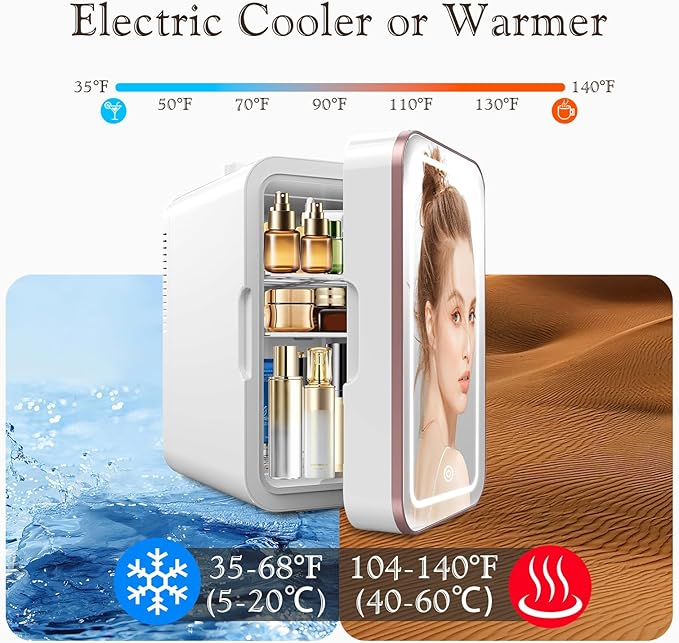 Mini Fridge for Bedroom, 6L/10 Can Skincare Fridge with Dimmable LED Light Mirror for Dorm & Office, Portable Cooler & Warmer Small Compact Refrigerator for Skincare, Makeup and Cosmetics, White