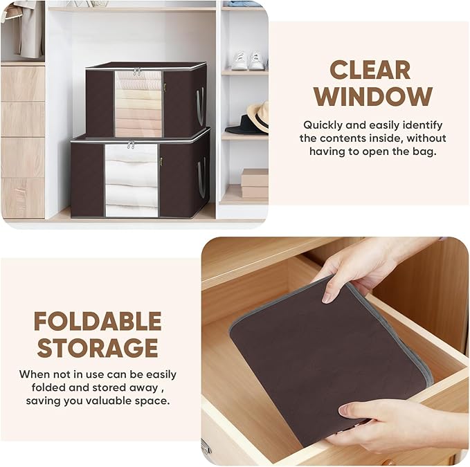 BALEINE 8 Pack Clothes Storage Bags, 24 Gallon Storage Containers with Reinforced Handle, Sturdy Zipper, Closet Organizer for Blanket, Comforter, Pillow, Bedding (Brown, 8 Pack)