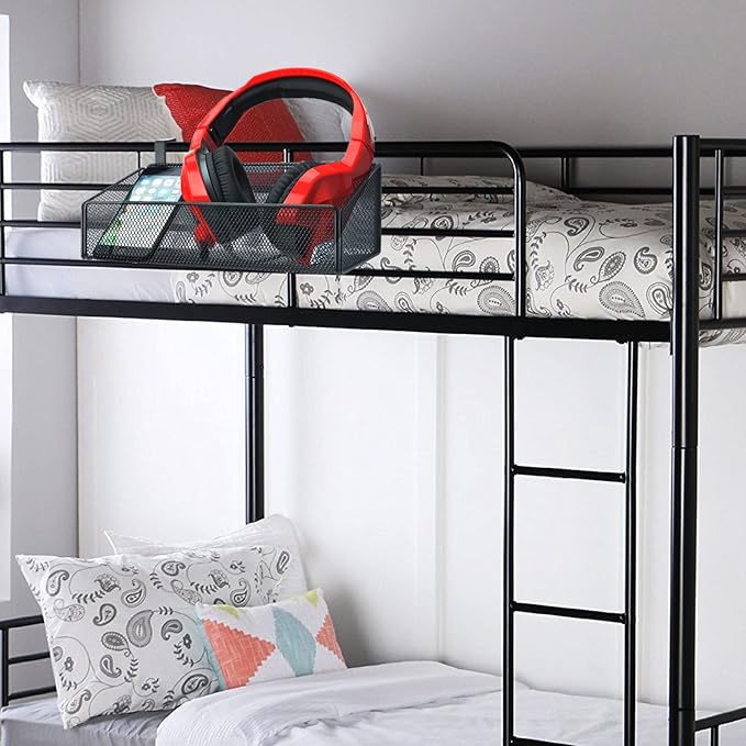 Bedside Caddy Shelf Hanging Storage Basket for Bunk Bed and Office Cubical Walls,Baby Bed Rails,College Dorm Bed Organizer - 5 Pairs Sized Hooks-for Phone Glass Magazine Decor (White)