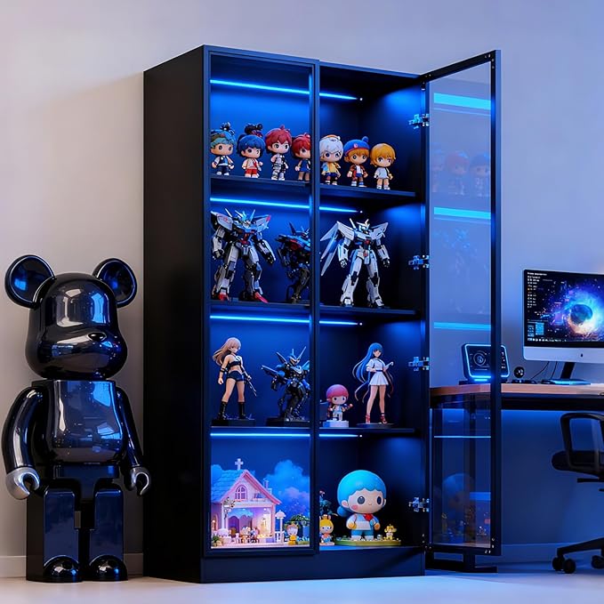 63'' Tall Glass Display Cabinet with LED Lights,Showcase with Glass Doors,4-Tier Curio Cabinet for Collectibles Bookcase,Storage Shelf, Bookcase(Black- 4 Layers, Large)