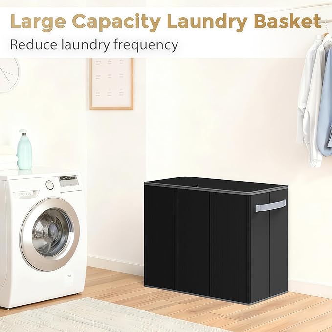 180L Laundry Hamper 3 Section, Large Laundry Basket with Lid, Laundry Basket Organizer with Handles, Black Divided Laundry Baskets, Clothes Hampers for Laundry, Bedroom, Bathroom